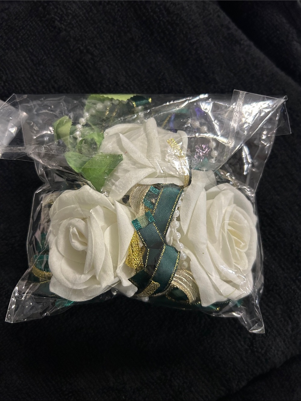 Wrist Corsage Wristlet and Men Boutonniere Set with Dark Green Ribbin